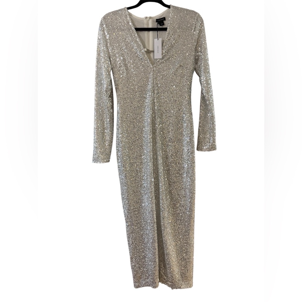 Karen Millen Silver Sequin Long-Sleeve V-Neck Dress